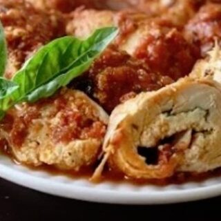 EASY STUFFED CHICKEN BREAST WITH BASIL & CHEESE COOKED IN A HOMEMADE TOMATO SAUCE