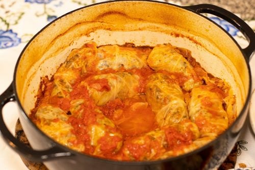 Greek cabbage rolls in tomato sauce in a pot
