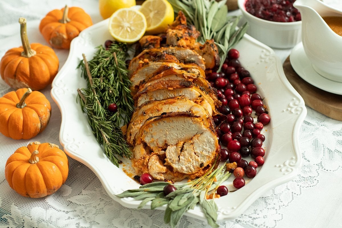 Turkey Roulade Menu Roasted Turkey Roulade Stuffed with Red Pepper & Feta Sauce - Dimitras ...