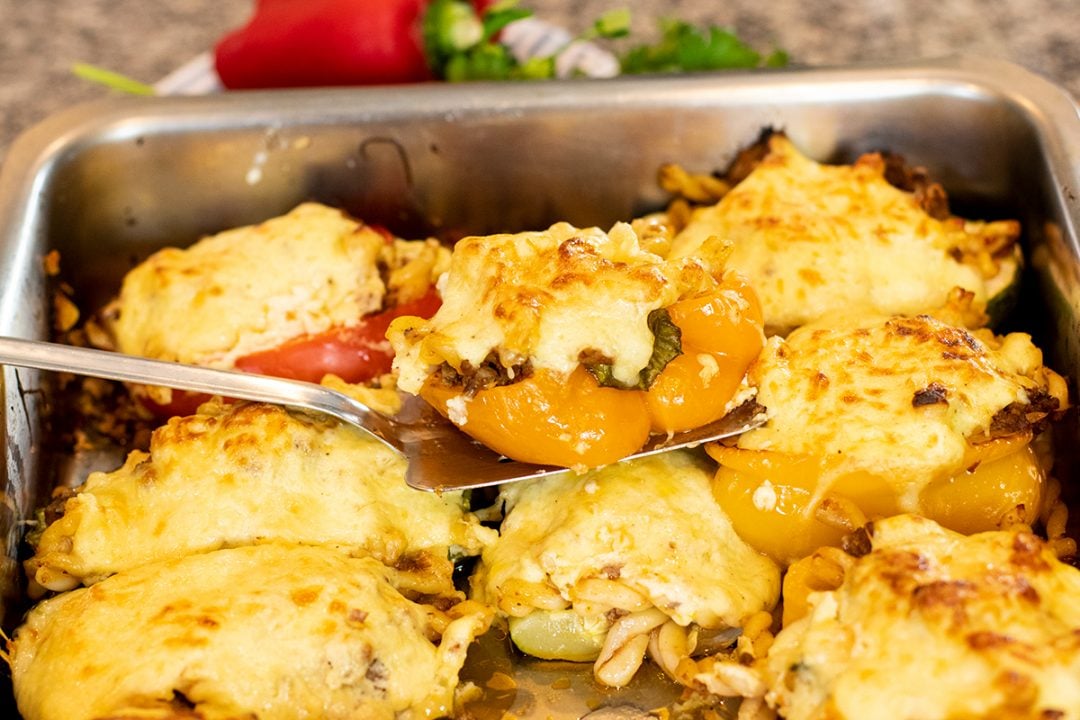 Roasted Peppers & Zucchini Stuffed with Pastitsio Dimitras Dishes