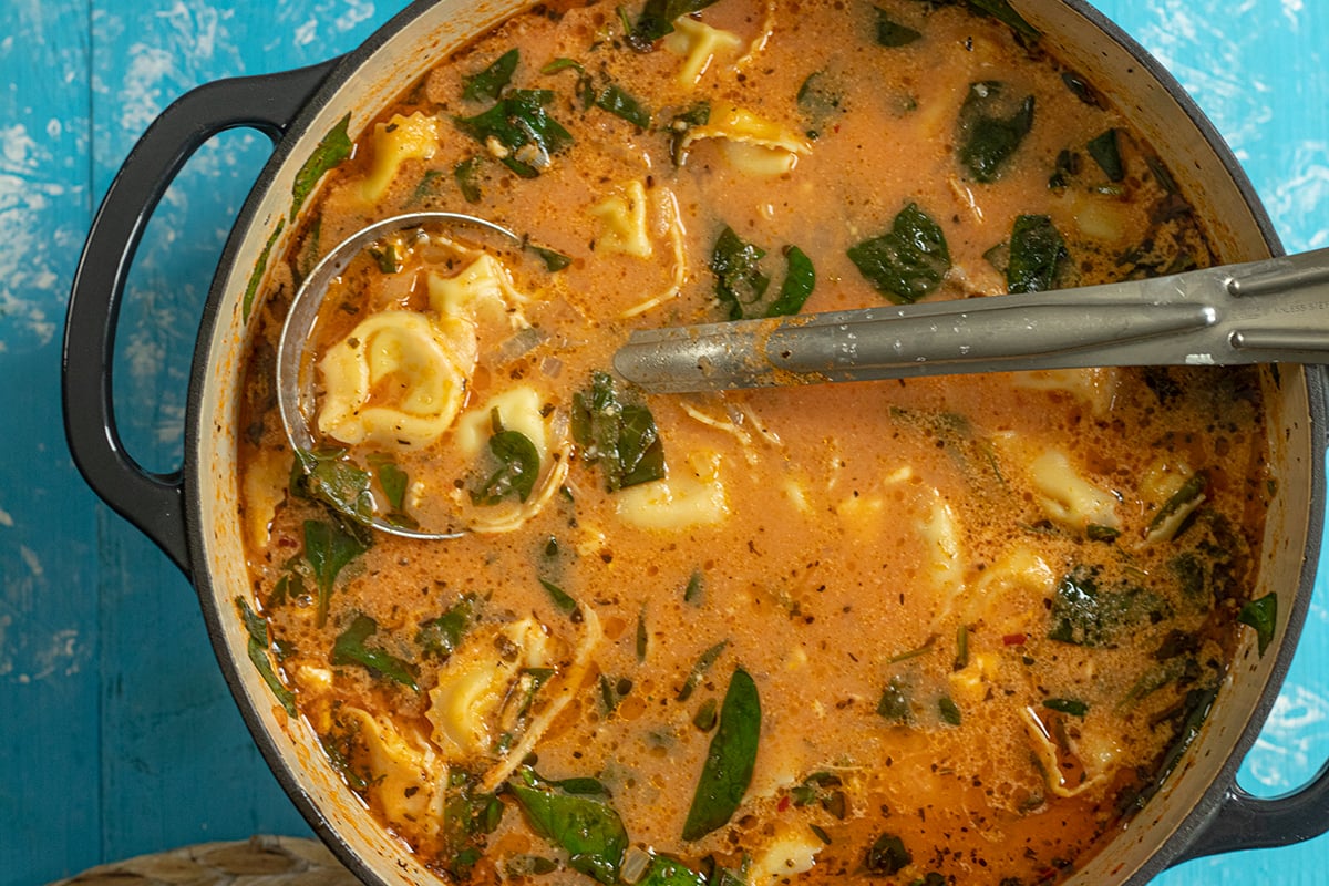 Mediterranean Tortellini Soup with Spinach, Feta, & Chicken. Ready in