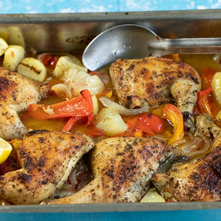 Greek Roasted Chicken with Onions & Peppers: A Sheet-pan Meal Ready in 60 Minutes!