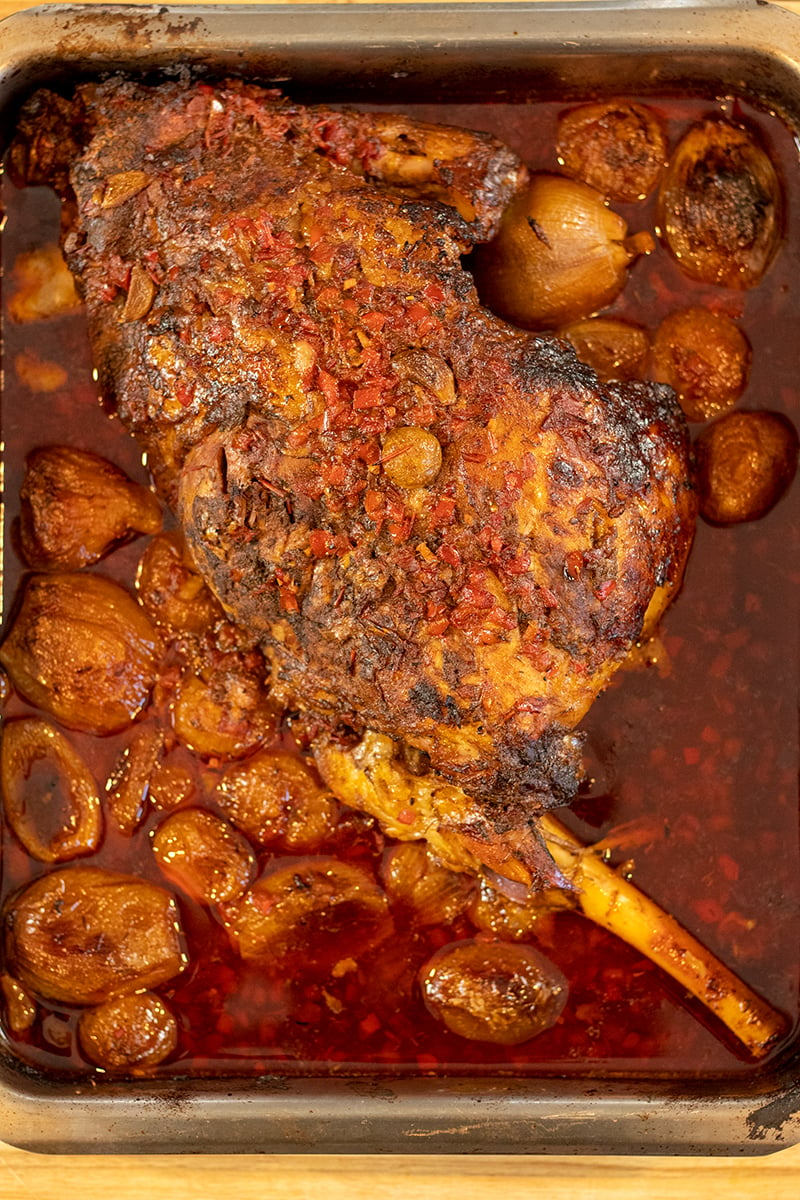 Roast Leg of Lamb with Harissa & Shallots - Dimitras Dishes