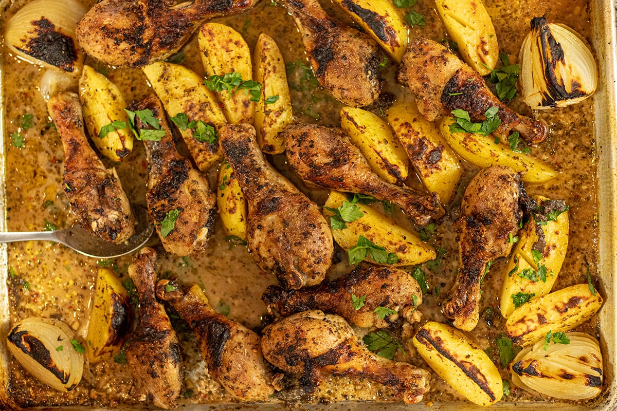 Greek Chicken Drumsticks & Potatoes Sheet Pan Dinner