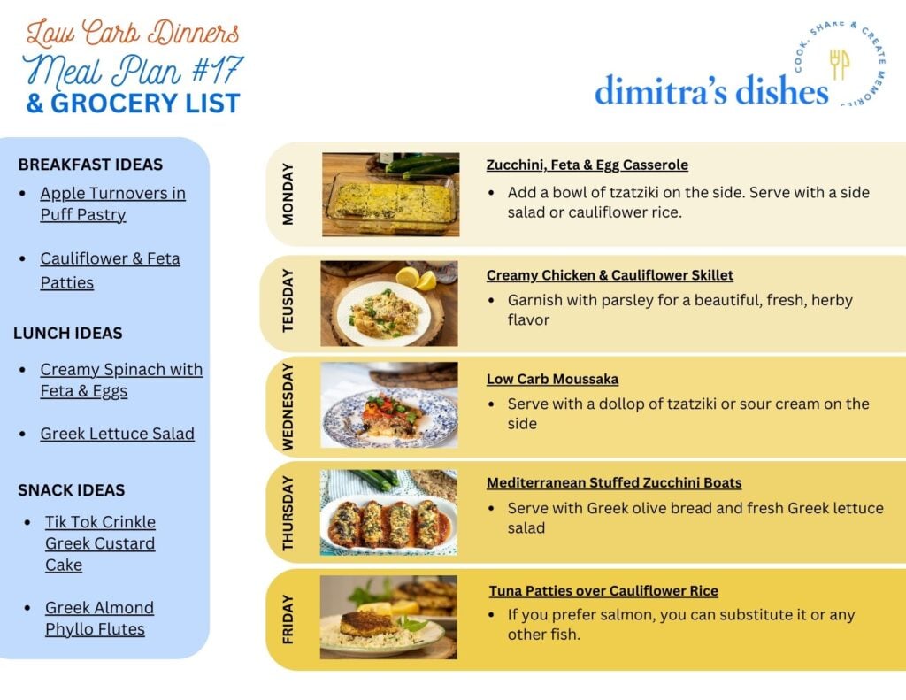 Weekly Meal Plan (17): Low Carb Dinners - Dimitras Dishes