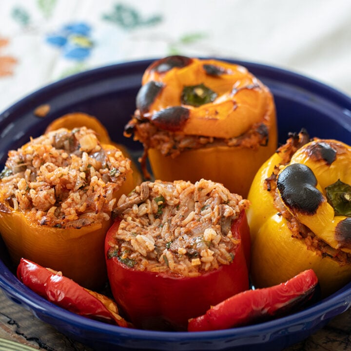 Greek-Style Stuffed Peppers with Shredded Beef and Rice