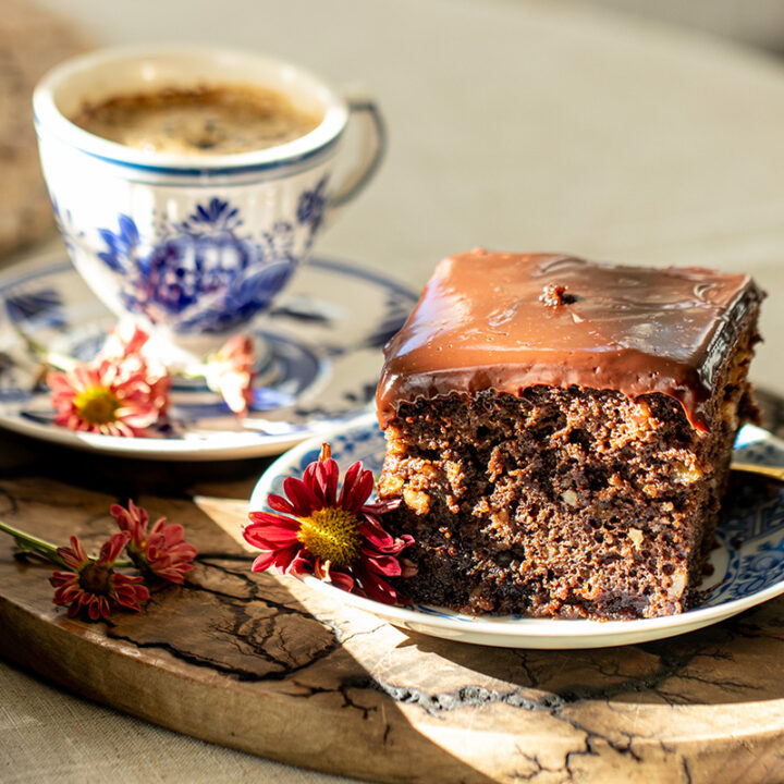 Greek Chocolate Walnut Cake  with Ganache (Karidopita sokolata)