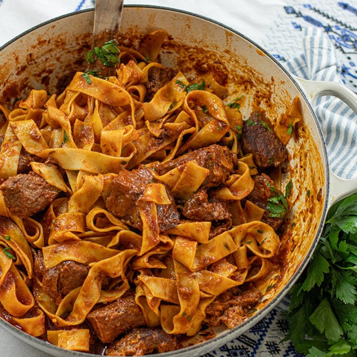 Greek Beef Stew with Egg Noodles  Moschari Kokkinisto me Hilopites (with Pappardelle)