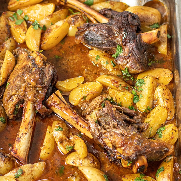 Sheet Pan Lamb Shanks with Lemony Potatoes (Easy Shortcut Method)