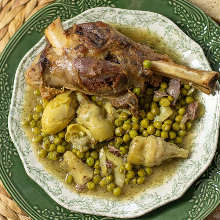 Greek Lemony Lamb Shanks with Artichokes and Peas