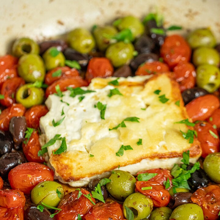 Greek Pan-Fried Feta with Burst Cherry Tomatoes and Olives