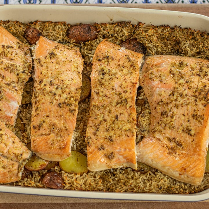 Greek Lemon Salmon, Potato & Rice Bake