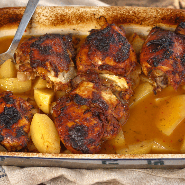 Sheet Pan Tomato Marinated Chicken and Greek Lemon Potatoes
